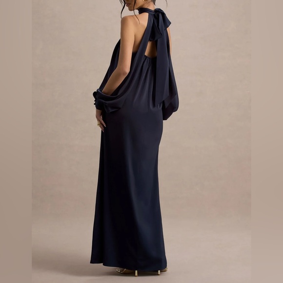 BAILA
Navy Satin High-Neck Cape-Sleeve Maxi Dress - Picture 2 of 5